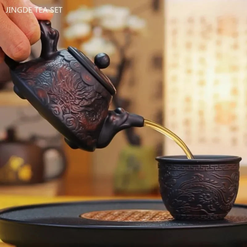 180ml Chinese Yixing Purple Clay Tea Pot Hand-carved Dragon Pattern Teapot Zisha Filter Teaware Customized Beauty Tea Infuser