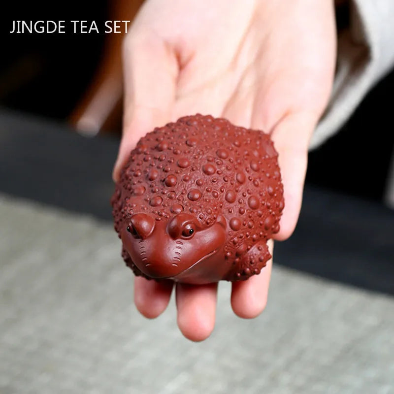1PCS Yixing Handmade Purple Clay Tea Pet Chinese Lucky Golden Toad Statue Ornaments Crafts Boutique Tea Set Decoration Gifts