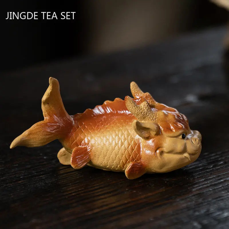 1pc Yixing Purple Sand Tea Pet Creative Fish Dragon Ornaments Tea Set Accessories Handmade Sculpture Tea Table Decoration