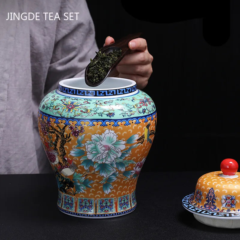 Antique Ceramic Enamel Color Tea Jar Living Room Decoration High Capacity Tea Container Kitchen Nut Coffee Storage Cans