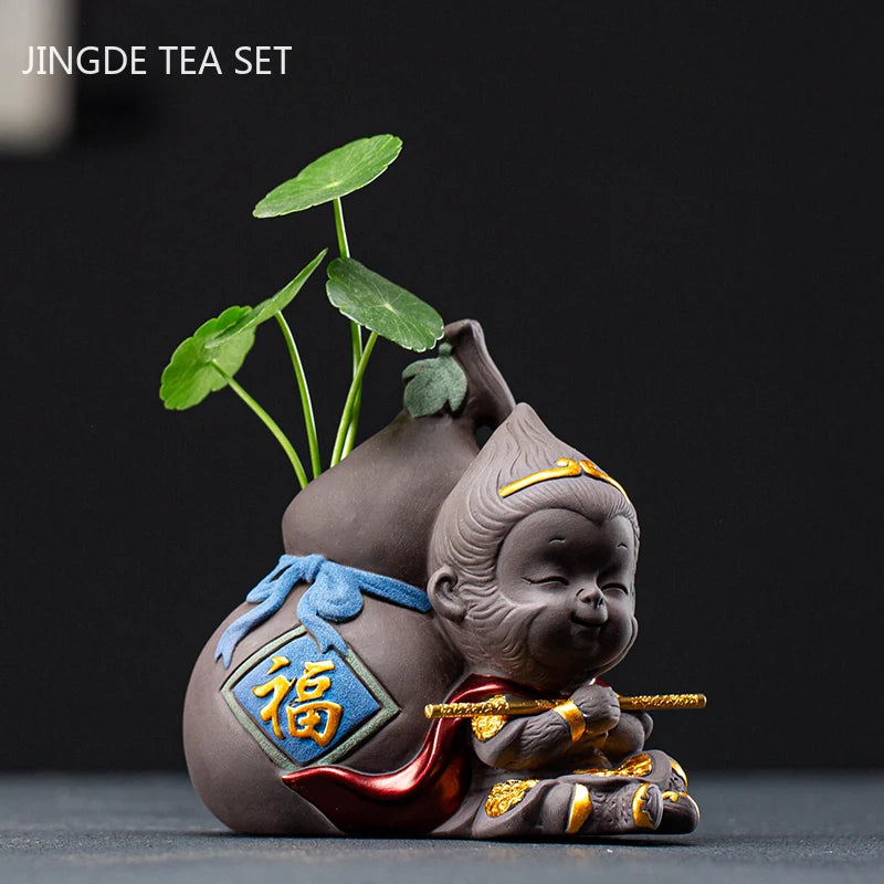 Boutique Hydroponic Small Flower Device Cute Purple Sand Sun Wukong Tea Pet Decoration Creative Tea Set Ornament Mini Vase