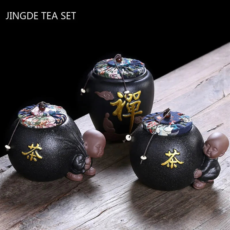 Creative Black Pottery Tea Cans Large Ceramic Sealed Tea Caddy Waking Tea Jar Kitchen Spice Sealed Storage Cans Home Accessories
