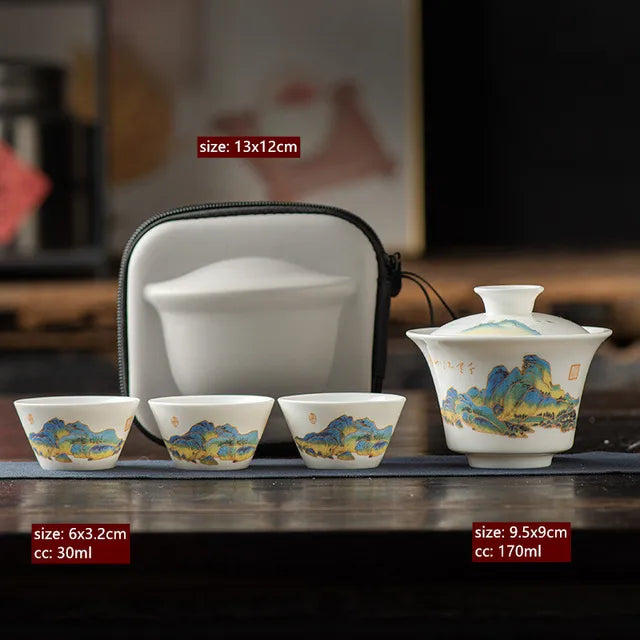 Exquisite Goat Fat Jade White Porcelain Travel Tea Set Portable Tea Infuser Gaiwan Tea Cup Set Outdoor Ceramic Teaware Supplies