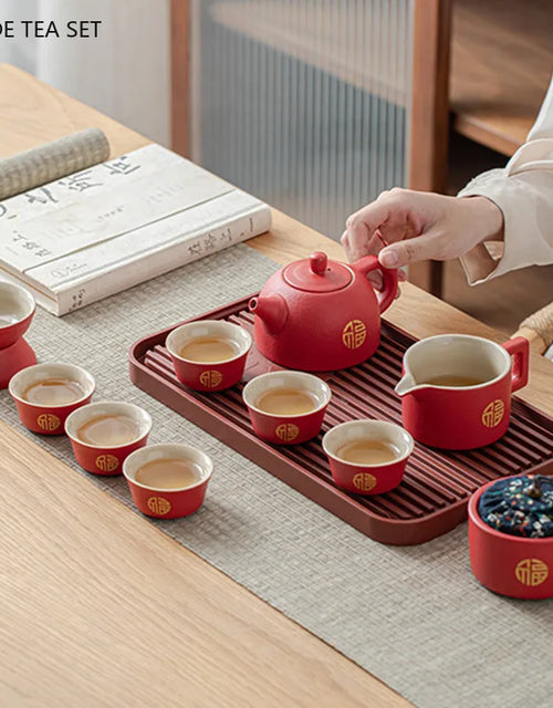 Handmade Red Ceramic Teapot and Cup Set Chinese Wedding Tea Set with Tea Tray Suit Household Tea Ceremony Set Custom Gifts