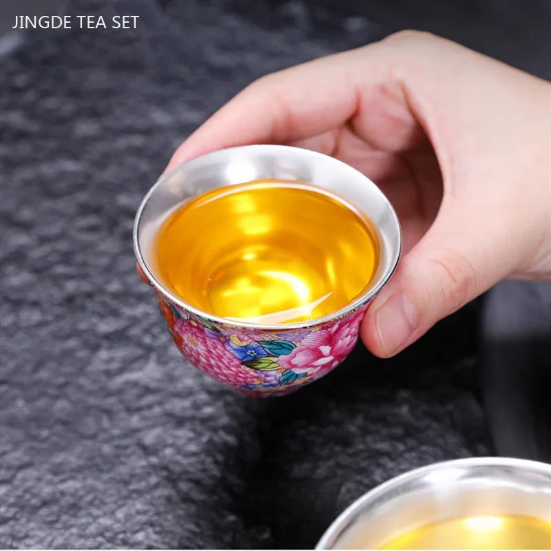 High-grade Silver Plated Tea Set Home Teaware Gift Chinese Enamel Color Teapot and Cup Set Customized Beauty Tea Infuser