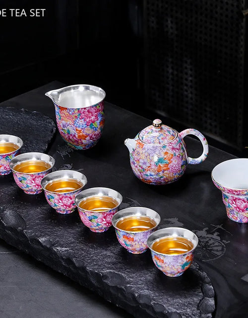 High-grade Silver Plated Tea Set Home Teaware Gift Chinese Enamel Color Teapot and Cup Set Customized Beauty Tea Infuser