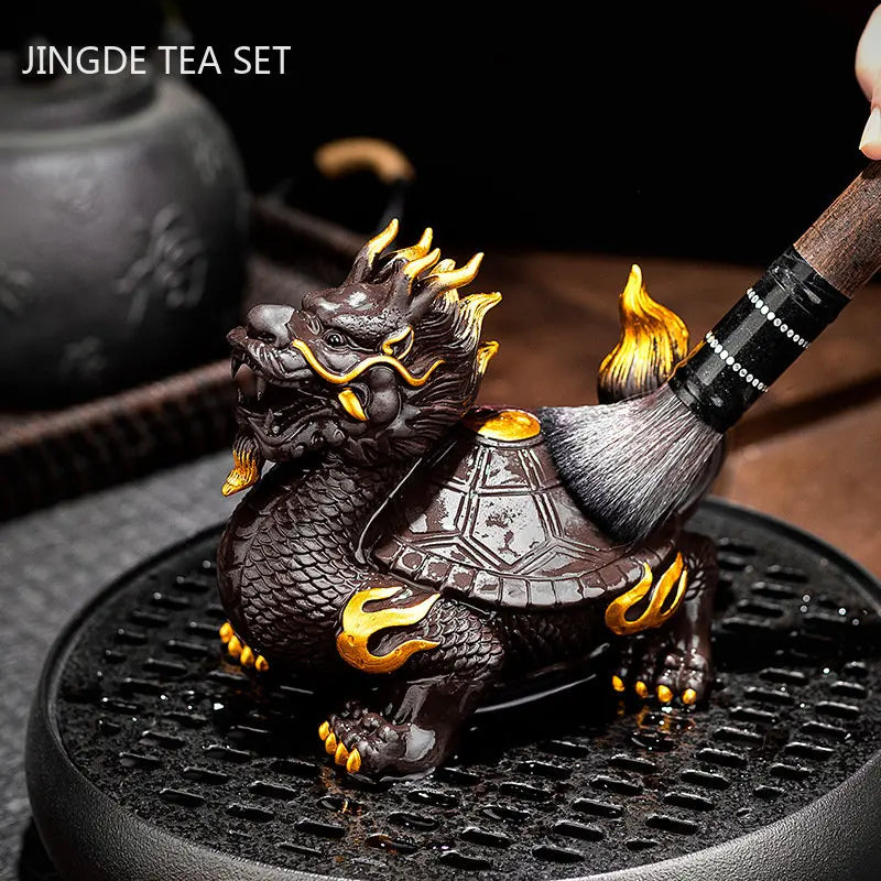 Purple Clay Dragon Turtle Tea Pet Ornaments Can Raise Fengshui Home Decoration Animal Sculpture Crafts Chinese Tea Accessories