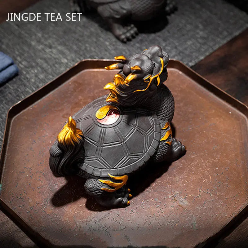 Purple Clay Dragon Turtle Tea Pet Ornaments Can Raise Fengshui Home Decoration Animal Sculpture Crafts Chinese Tea Accessories