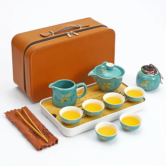 Travel Tea Set Home Office Ceramic Tea Infuser Teacup Gaiwan Suit Portable Outdoor Tea Tray with Tote Bag Chinese Teaware Gifts