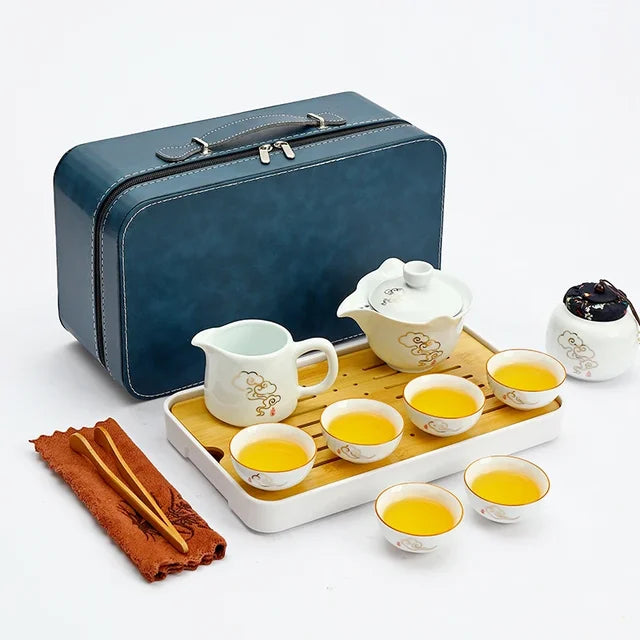 Travel Tea Set Home Office Ceramic Tea Infuser Teacup Gaiwan Suit Portable Outdoor Tea Tray with Tote Bag Chinese Teaware Gifts