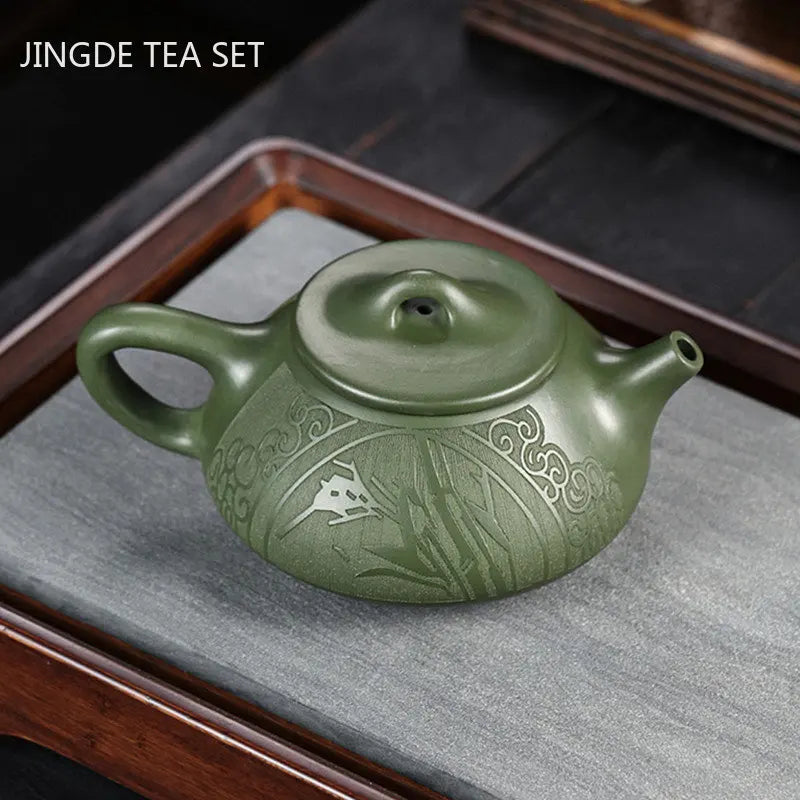 220ml Yixing Purple Clay Teapot Raw Ore Green Mud Hand-carved Stone Scoop Kettle Home Beauty Tea Infuser Chinese Zisha Tea Set