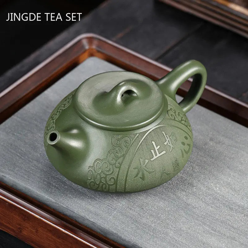 220ml Yixing Purple Clay Teapot Raw Ore Green Mud Hand-carved Stone Scoop Kettle Home Beauty Tea Infuser Chinese Zisha Tea Set