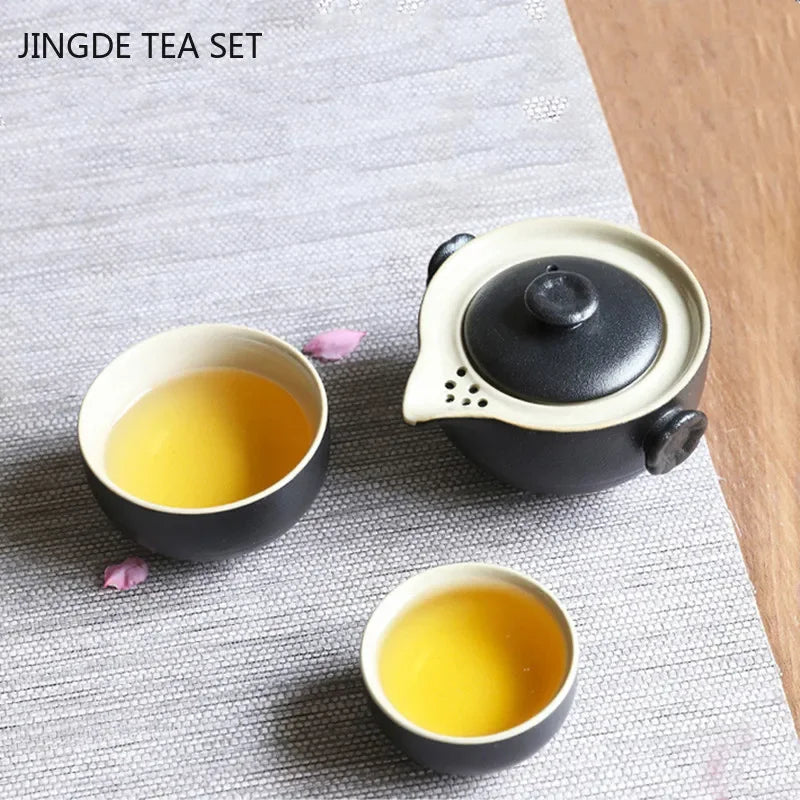 Black Ceramic Tea Pot and Cup Set One Pot Two Tea Cups Outdoor Travel Portable Teaware Household Tea Set Tea Ceremony Gifts