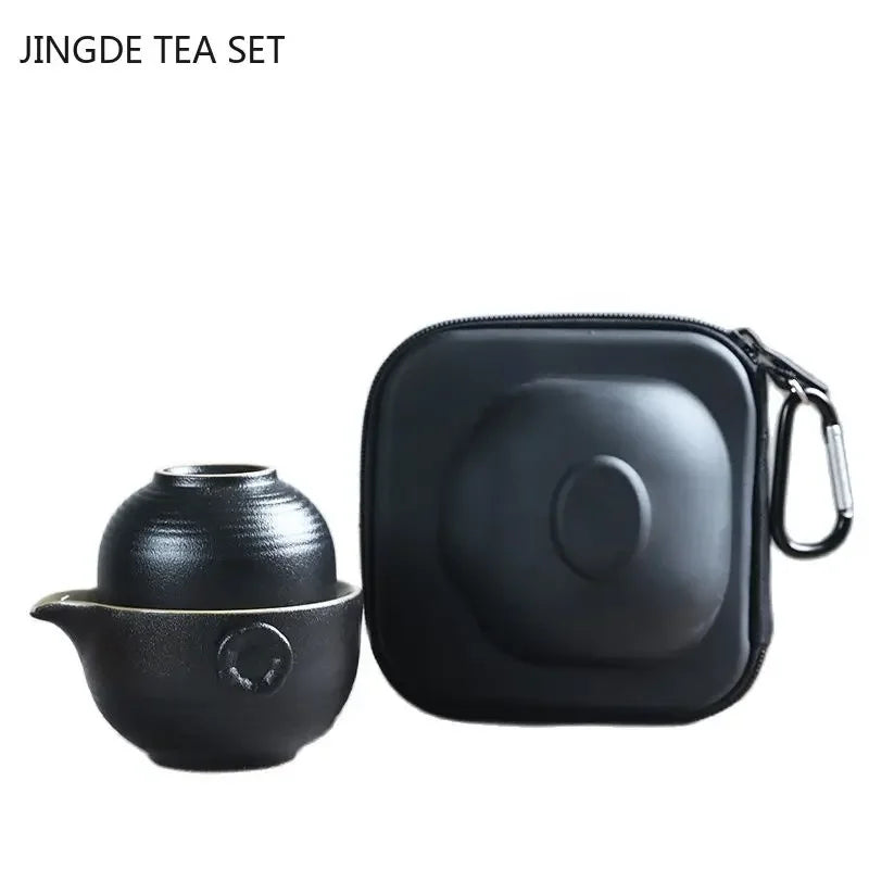 Black Ceramic Tea Pot and Cup Set One Pot Two Tea Cups Outdoor Travel Portable Teaware Household Tea Set Tea Ceremony Gifts