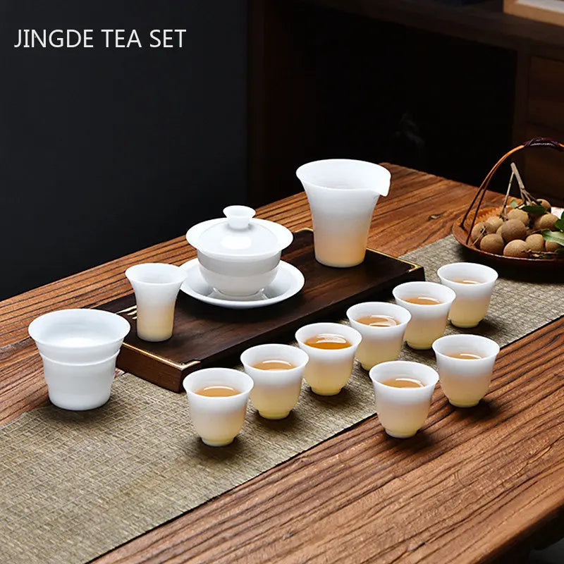 Chinese Jade White Porcelain Tea Set Home Gaiwan Tea Cup Office Guest Tea Maker Customized Ceramic Cover Bowl Teapot Set Filter