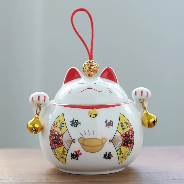 Cute Lucky Cat Ceramic Tea Tins Portable Coffee Moisture-proof Jar Pot Kitchen Storage Tea Container Home Decor Small Ornament