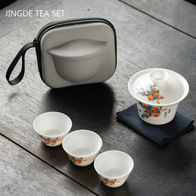 Exquisite Goat Fat Jade White Porcelain Travel Tea Set Portable Tea Infuser Gaiwan Tea Cup Set Outdoor Ceramic Teaware Supplies