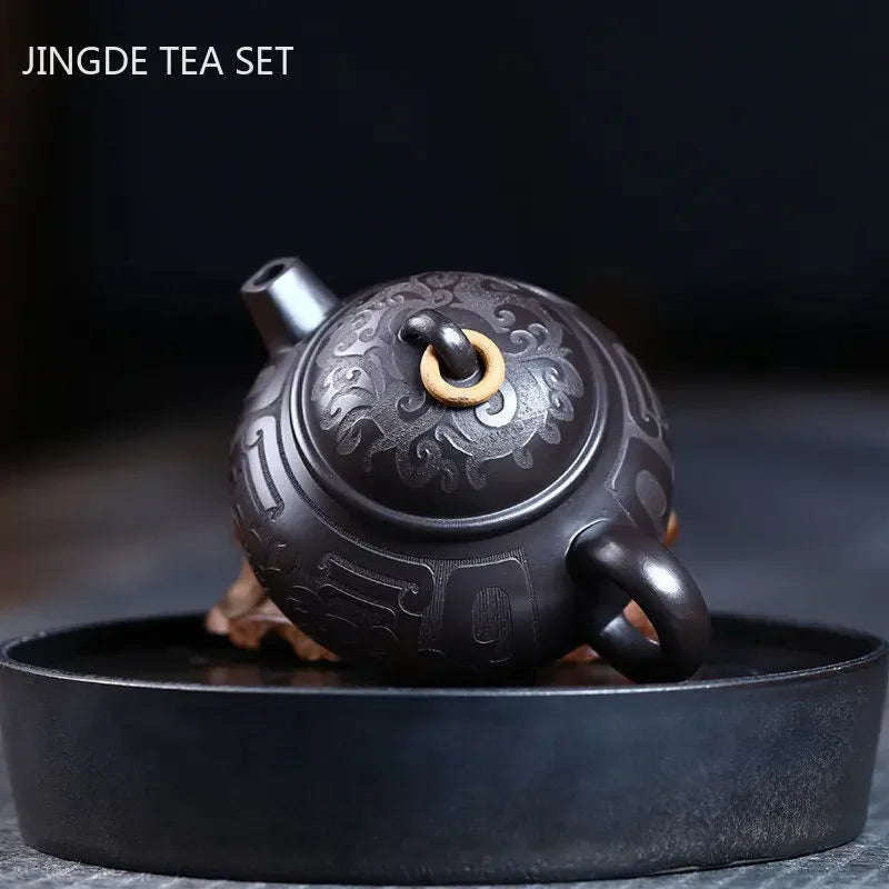 Hand Carving Black Mud Teapot Authentic Yixing Purple Clay Tea Pot Chinese Teaware Tradition Zisha Beauty Kettle Tea Set 180ml