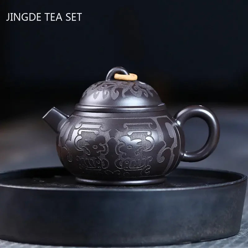 Hand Carving Black Mud Teapot Authentic Yixing Purple Clay Tea Pot Chinese Teaware Tradition Zisha Beauty Kettle Tea Set 180ml