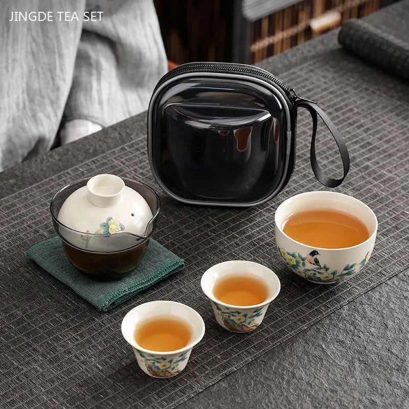 Hand-painted Travel Tea Set Home Car Outdoor Tea Infuser Portable A Pot of Three Cups Teaware Suit Handmade Beauty Gaiwan