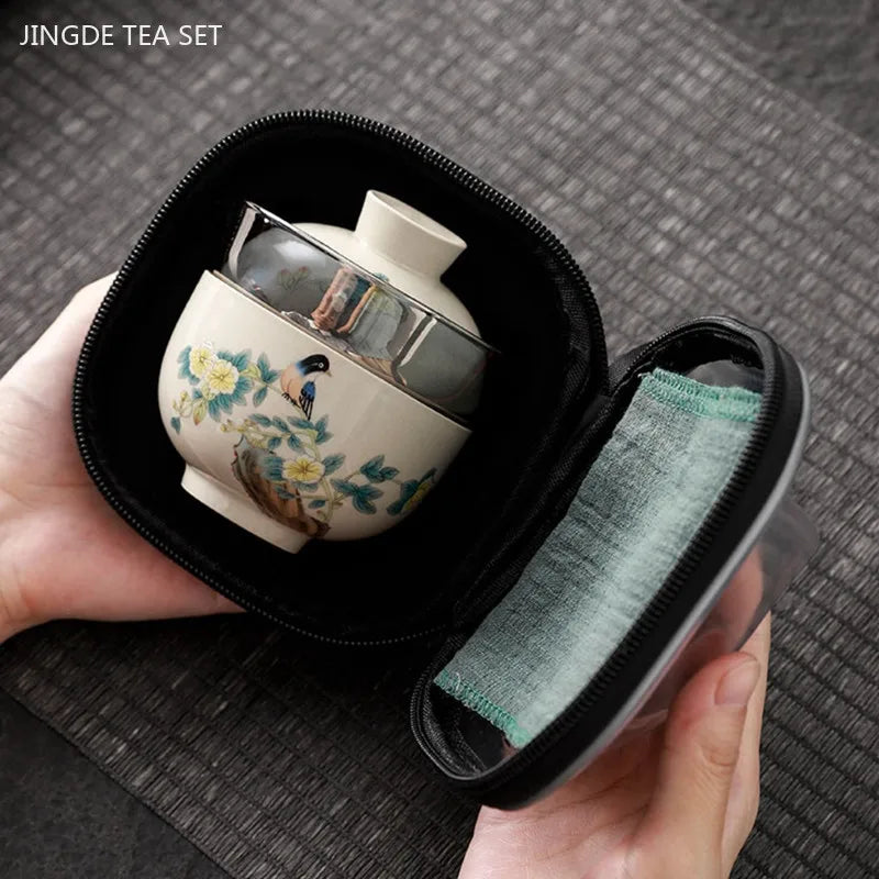 Hand-painted Travel Tea Set Home Car Outdoor Tea Infuser Portable A Pot of Three Cups Teaware Suit Handmade Beauty Gaiwan