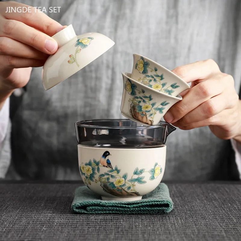 Hand-painted Travel Tea Set Home Car Outdoor Tea Infuser Portable A Pot of Three Cups Teaware Suit Handmade Beauty Gaiwan