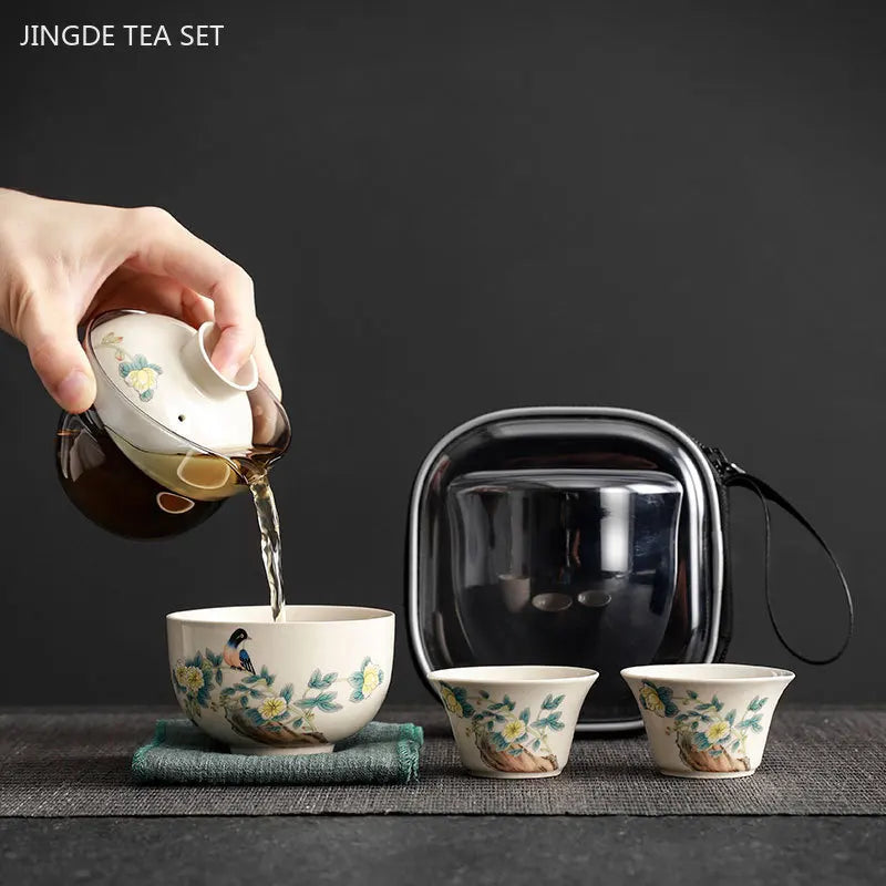 Hand-painted Travel Tea Set Home Car Outdoor Tea Infuser Portable A Pot of Three Cups Teaware Suit Handmade Beauty Gaiwan