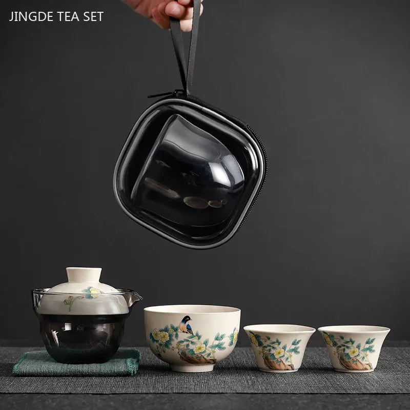 Hand-painted Travel Tea Set Home Car Outdoor Tea Infuser Portable A Pot of Three Cups Teaware Suit Handmade Beauty Gaiwan