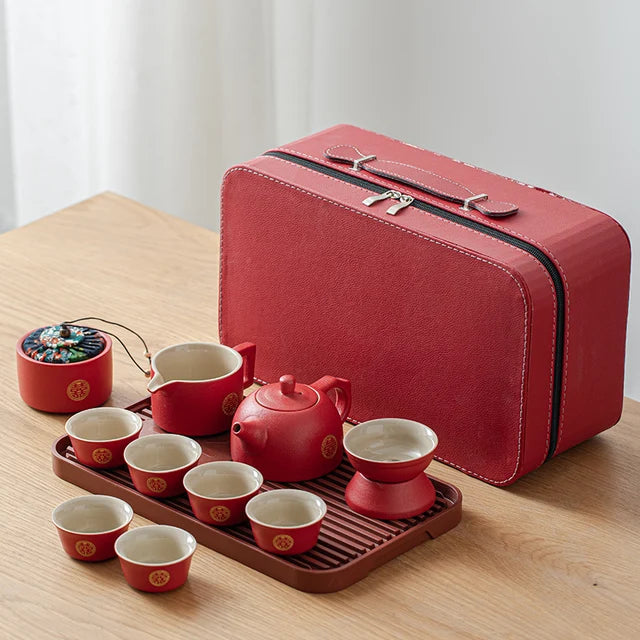 Handmade Red Ceramic Teapot and Cup Set Chinese Wedding Tea Set with Tea Tray Suit Household Tea Ceremony Set Custom Gifts