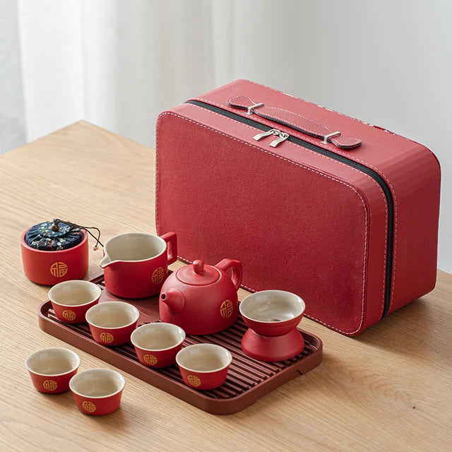 Handmade Red Ceramic Teapot and Cup Set Chinese Wedding Tea Set with Tea Tray Suit Household Tea Ceremony Set Custom Gifts