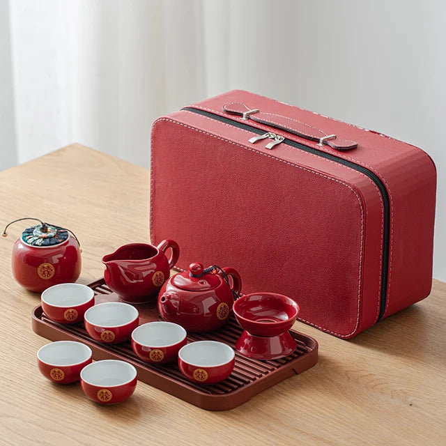 Handmade Red Ceramic Teapot and Cup Set Chinese Wedding Tea Set with Tea Tray Suit Household Tea Ceremony Set Custom Gifts