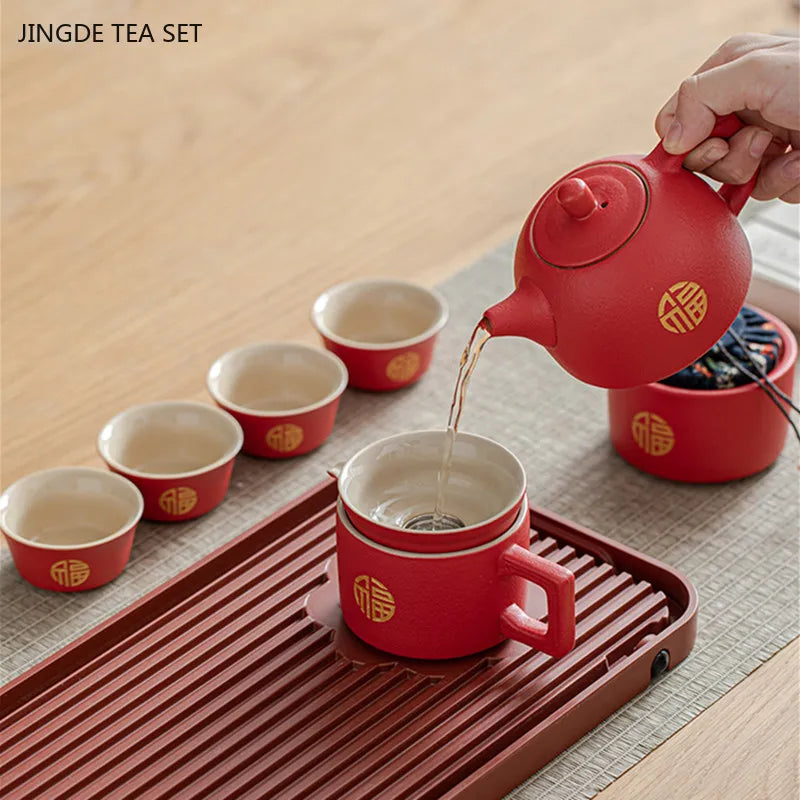 Handmade Red Ceramic Teapot and Cup Set Chinese Wedding Tea Set with Tea Tray Suit Household Tea Ceremony Set Custom Gifts