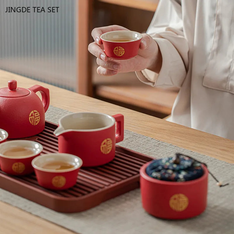 Handmade Red Ceramic Teapot and Cup Set Chinese Wedding Tea Set with Tea Tray Suit Household Tea Ceremony Set Custom Gifts