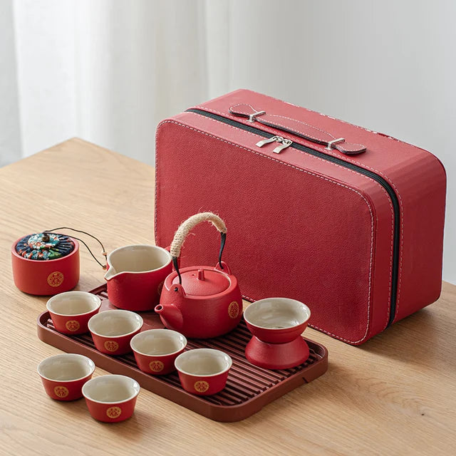 Handmade Red Ceramic Teapot and Cup Set Chinese Wedding Tea Set with Tea Tray Suit Household Tea Ceremony Set Custom Gifts