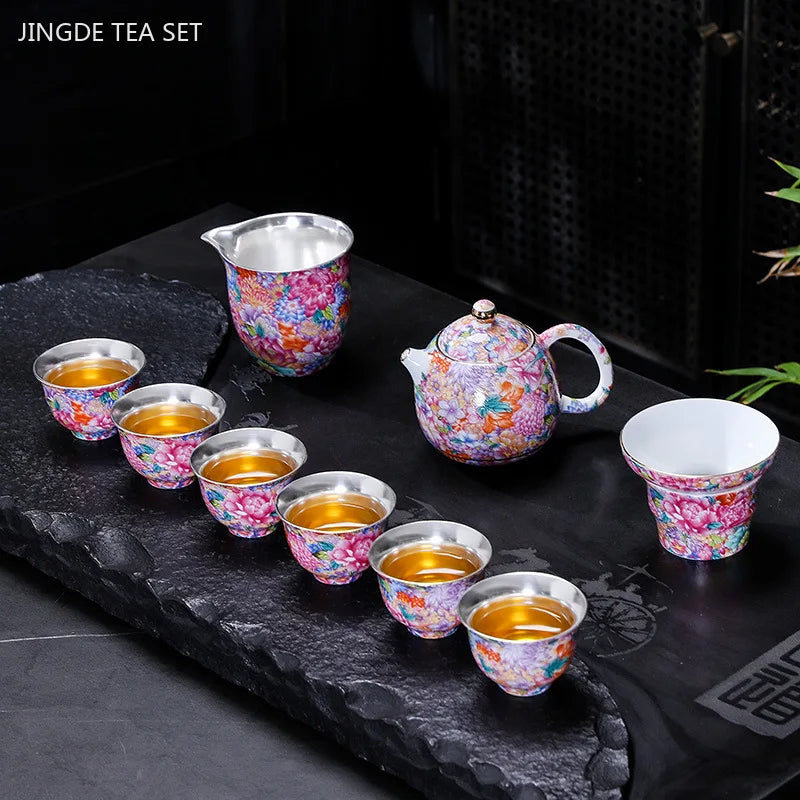 High-grade Silver Plated Tea Set Home Teaware Gift Chinese Enamel Color Teapot and Cup Set Customized Beauty Tea Infuser