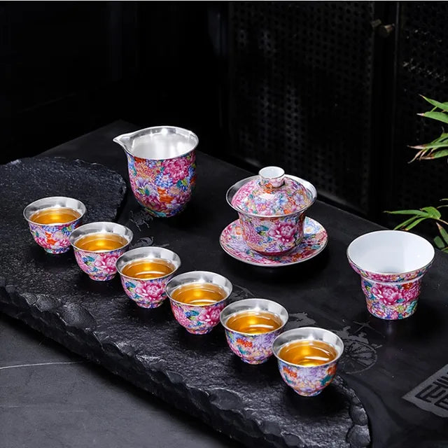 High-grade Silver Plated Tea Set Home Teaware Gift Chinese Enamel Color Teapot and Cup Set Customized Beauty Tea Infuser