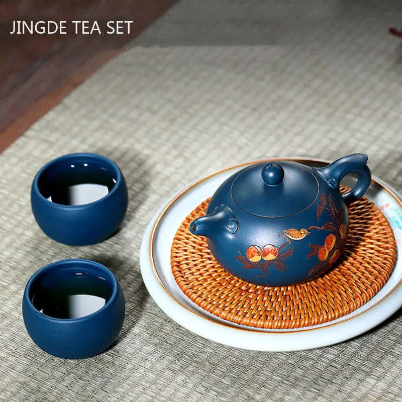 High-grade Yixing Purple Clay Tea Pot Set Handmade Teapot and Cup Suit Ball Hole Filter Xishi Kettle Chinese Blue Tea Sets