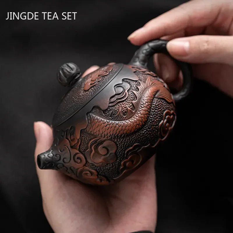 Retro Purple Pottery Teapot Hand-carved Dragon Pattern Xishi Pot Ball Hole Filter Beauty Tea Infuser Chinese Pu 'er Tea Set