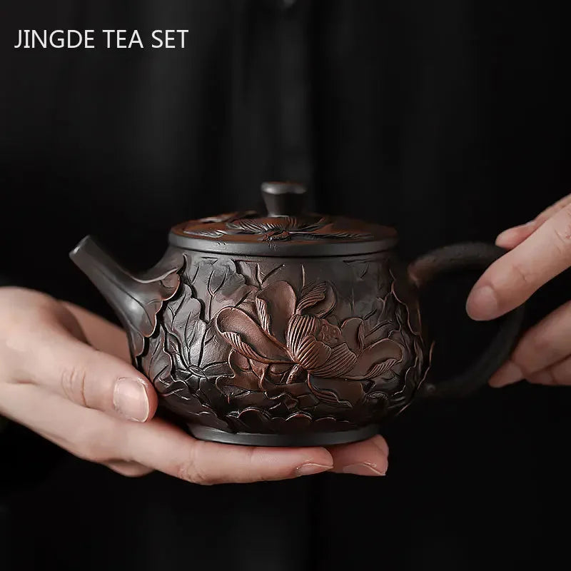 Retro Purple Pottery Teapot Hand-carved Dragon Pattern Xishi Pot Ball Hole Filter Beauty Tea Infuser Chinese Pu 'er Tea Set