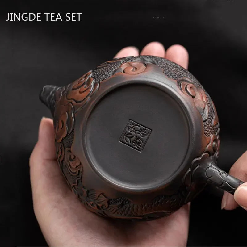 Retro Purple Pottery Teapot Hand-carved Dragon Pattern Xishi Pot Ball Hole Filter Beauty Tea Infuser Chinese Pu 'er Tea Set