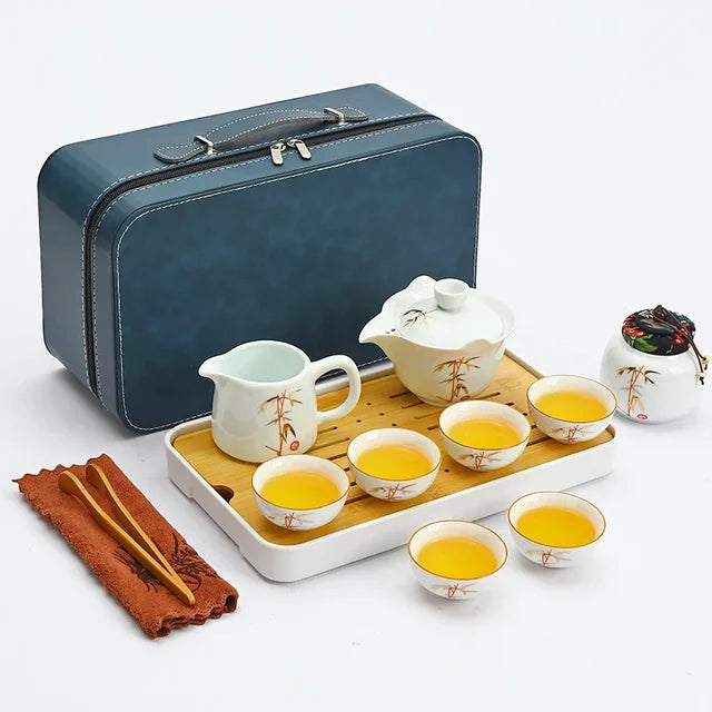 Travel Tea Set Home Office Ceramic Tea Infuser Teacup Gaiwan Suit Portable Outdoor Tea Tray with Tote Bag Chinese Teaware Gifts