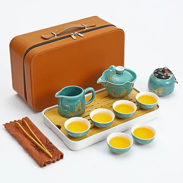 Travel Tea Set Home Office Ceramic Tea Infuser Teacup Gaiwan Suit Portable Outdoor Tea Tray with Tote Bag Chinese Teaware Gifts