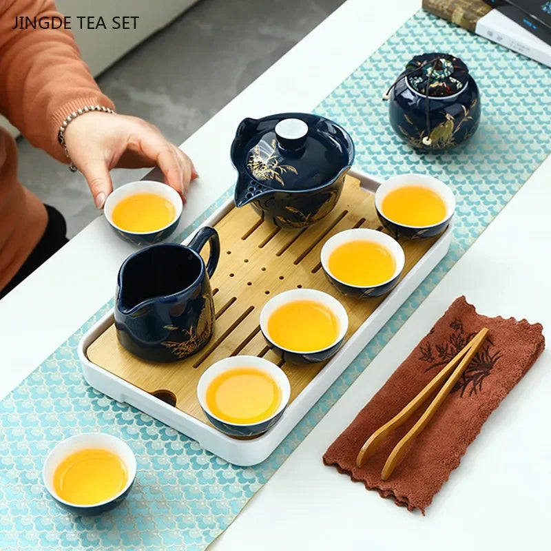 Travel Tea Set Home Office Ceramic Tea Infuser Teacup Gaiwan Suit Portable Outdoor Tea Tray with Tote Bag Chinese Teaware Gifts