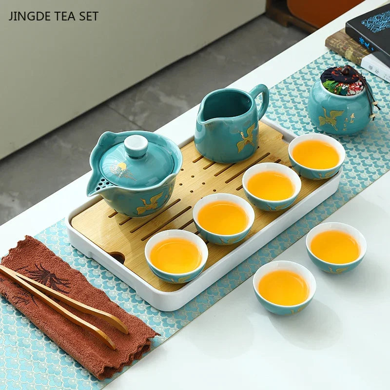 Travel Tea Set Home Office Ceramic Tea Infuser Teacup Gaiwan Suit Portable Outdoor Tea Tray with Tote Bag Chinese Teaware Gifts