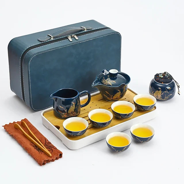 Travel Tea Set Home Office Ceramic Tea Infuser Teacup Gaiwan Suit Portable Outdoor Tea Tray with Tote Bag Chinese Teaware Gifts